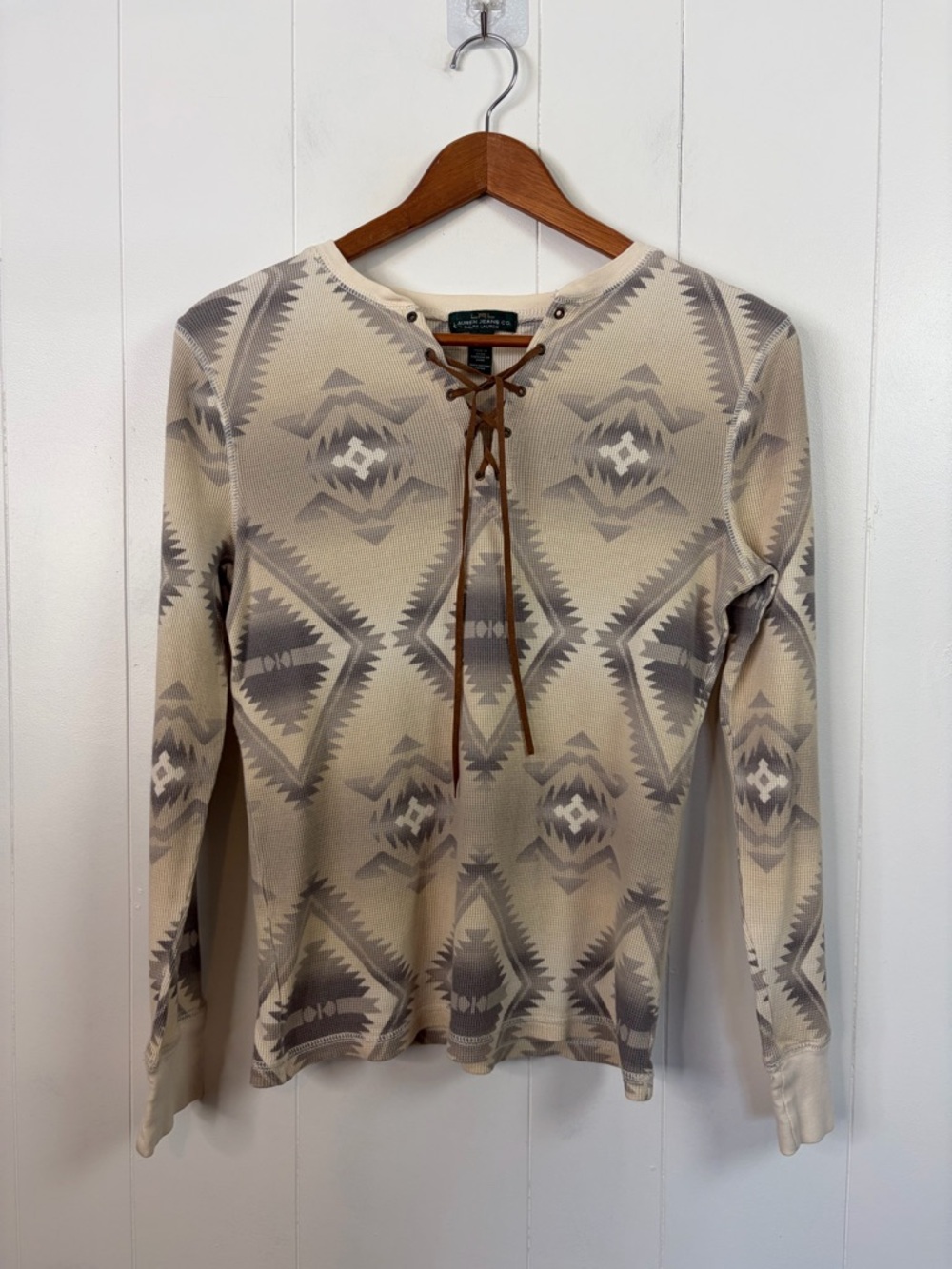 Ralph Lauren Women’s Medium Lace Up Thermal Top Western Aztec Long Sleeve Beige